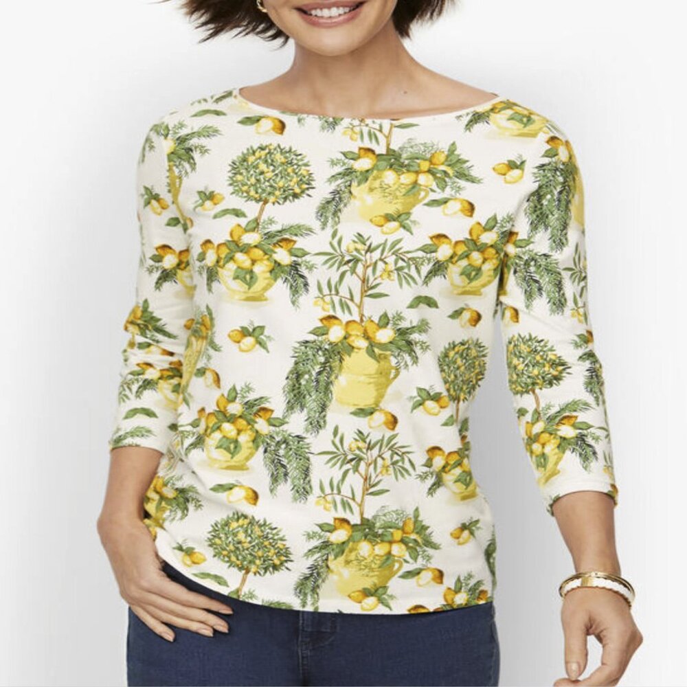 Talbots Cotton Bateau Neck Lemon Tree Lemoncello Botanical 3/4 Tee Sz 3XL - NWOT